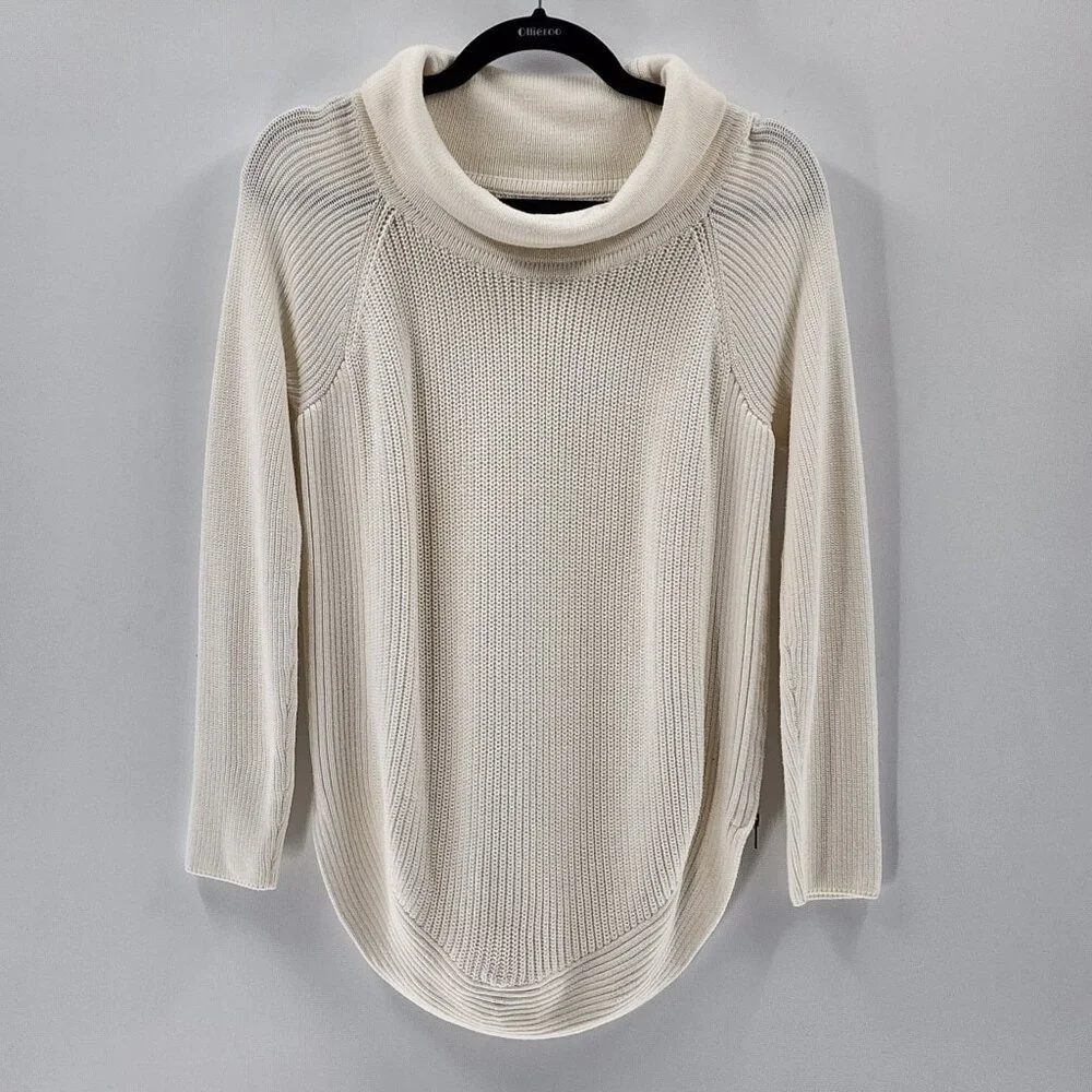 VINCE Side Zip Ribbed Turtleneck Sweater Cream 100% Cotton Size‎ XS 240